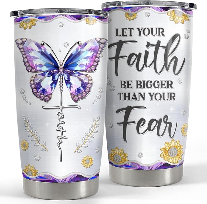 SANDJEST Christian Tumbler 20oz Faith Be Bigger Than Fear Tumblers Cup Coffee Travel Mug Inspirational Religious Gifts for Women Gift for Birthday Christmas