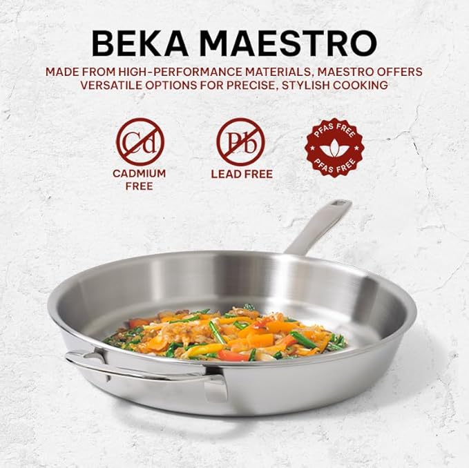 Beka Maestro 11" 5-Ply Stainless Steel Frying Pan – Dishwasher & Oven Safe, No Hot Spots and Stay-Cool Handle