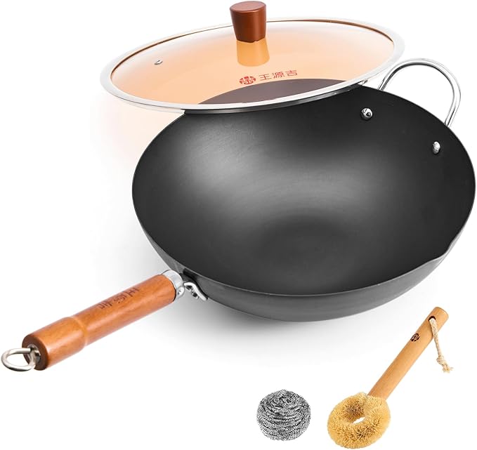 WANGYUANJI 12.6" Flat-Bottom Iron Wok with Glass Lid, Uncoated Stir-Fry Pan, Fast-Heating Refined Iron, Induction/Gas/Electric Compatible, Wooden Handle (Seasoning Required)