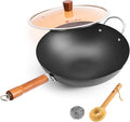 WANGYUANJI 12.6" Flat-Bottom Iron Wok with Glass Lid, Uncoated Stir-Fry Pan, Fast-Heating Refined Iron, Induction/Gas/Electric Compatible, Wooden Handle (Seasoning Required)