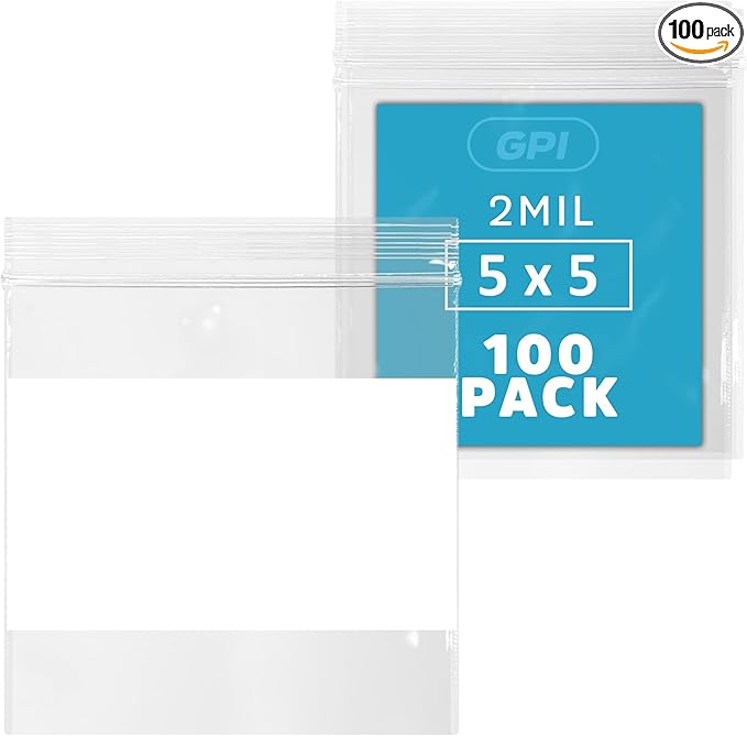 100 Count, 5" x 5" Zip Bags, 2 Mil Thick Clear Plastic Reclosable Zipper Lock Bags with Write-on White Block, with Resealable Zip Top Lock for Food Storage, Jewelry, Candy.