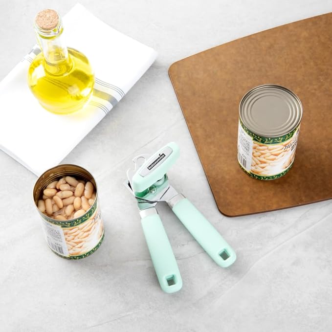 Restaurantware Comfy Grip 7.6 x 1.9 x 2.1 Inch Can Opener 1 Durable Manual Can Opener - Sharp Wheel Blade Grip Handle Mint Green Stainless Steel Hand-Held Can Opener Built-In Bottle Opener