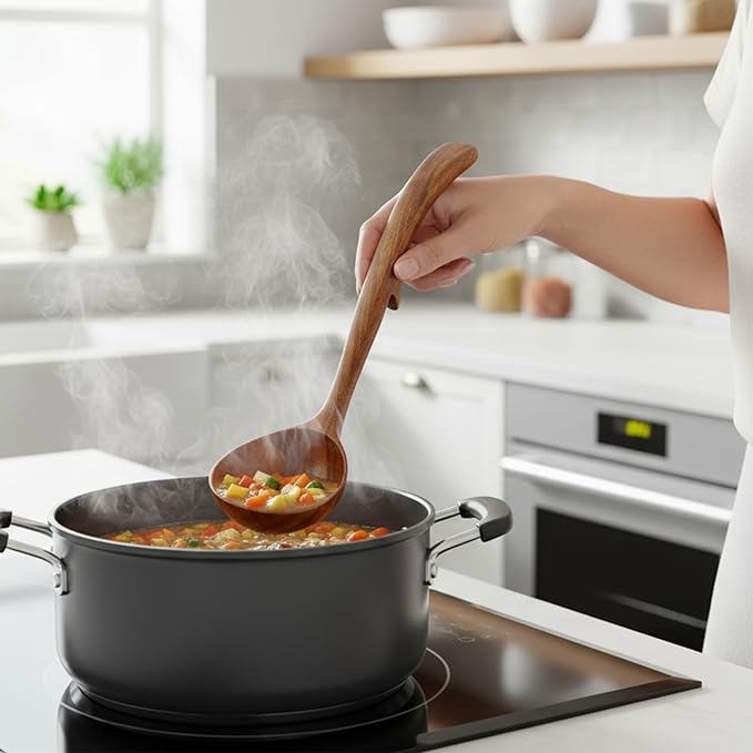 3 Pack Wooden Ladle for Soup, 3 Size Non-Stick Wood Spoons Scoop with Back Hooks Heat Resistant Comfortable Grip Kitchen Utensils Set for Pot Bowl Cooking Serving Stirring
