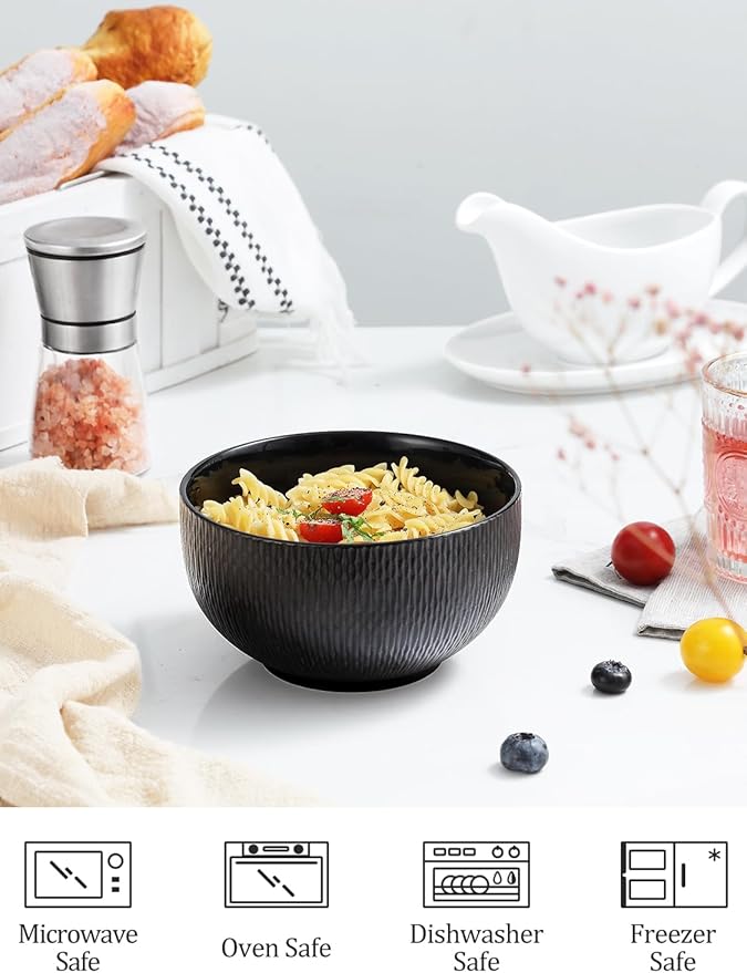 Yedio Black Ceramic Bowls Set of 4, 38 oz Porcelain Large Bowl for Kitchen, Cereal, Soup, Dessert, Rice, Snack, Fruits, Ice Cream, Noodle,Breakfast, Microwave Dishwasher Freezer Oven Safe