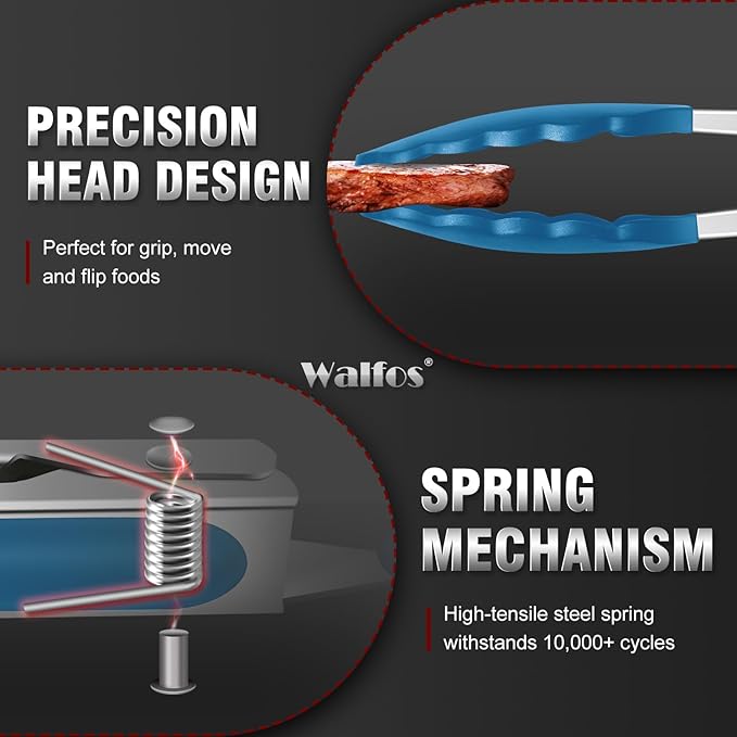 Walfos Kitchen Tongs - 7" 9" and 12" Heat Resistant Food tongs, Thickened Stainless Steel and BPA Free Silicone Tips, Great for Cooking, Grilling, Turning, Dishwasher safe(3 blue silicone tongs)