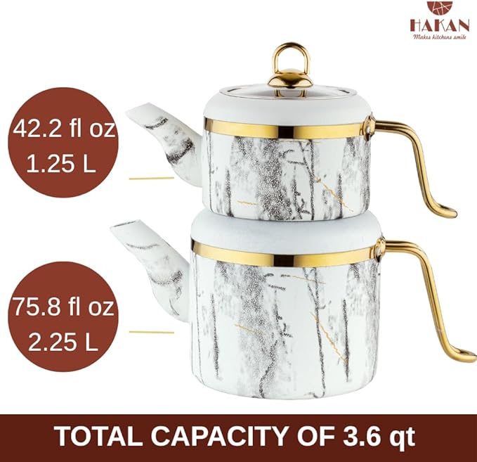 Hakan Melody Turkish Tea Pot Set | 3.5 L Tea Kettles for Stovetop with Stainless Steel Handless and Glass Lid | Aluminum Body Tea Maker | Double Stovetop Kettles with Granite Cover, White 3.6 qt