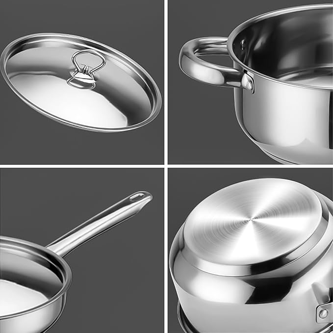 Cookware Set - 15 Piece Stainless Steel Cookware Set, Includes 6 Pots and Pans, 6 Lids and 3 Utensils, Fixed Handles, Induction Safe and Dishwasher Safe