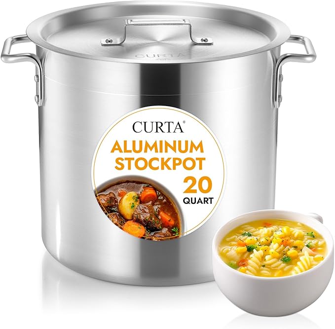 CURTA 20 Quart Aluminum Stock Pot with Lid, Heavy Duty Commercial Grade Large Capacity Cooking Pot for Boiling, Stewing, Great for Kitchen, Restaurant, Catering, and Home Use,NSF certified