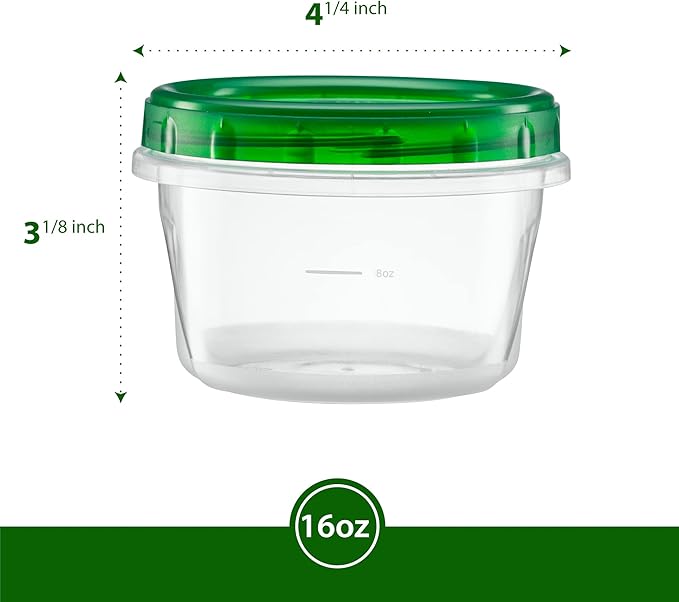 (16 Ounce 20 Pack) Twist cap Containers Clear Bottom With Green Top Screw on Lids Twist Top Food Storage Freezer Containers