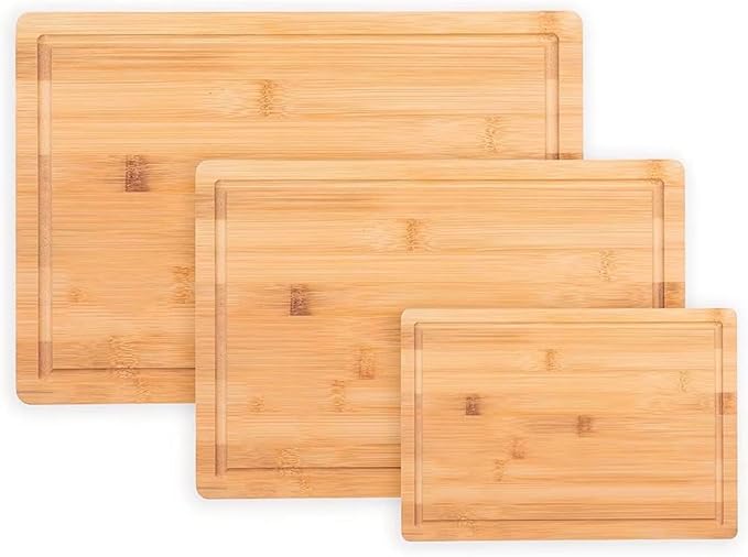 Bamboo Cutting Board Set, Durable Wood Cutting Boards for Kitchen with Deep Juice Grooves & Built-in Handles, Ideal Charcuterie & Chopping for Meat, Vegetables - Perfect Kitchen Gift for Home Cooks