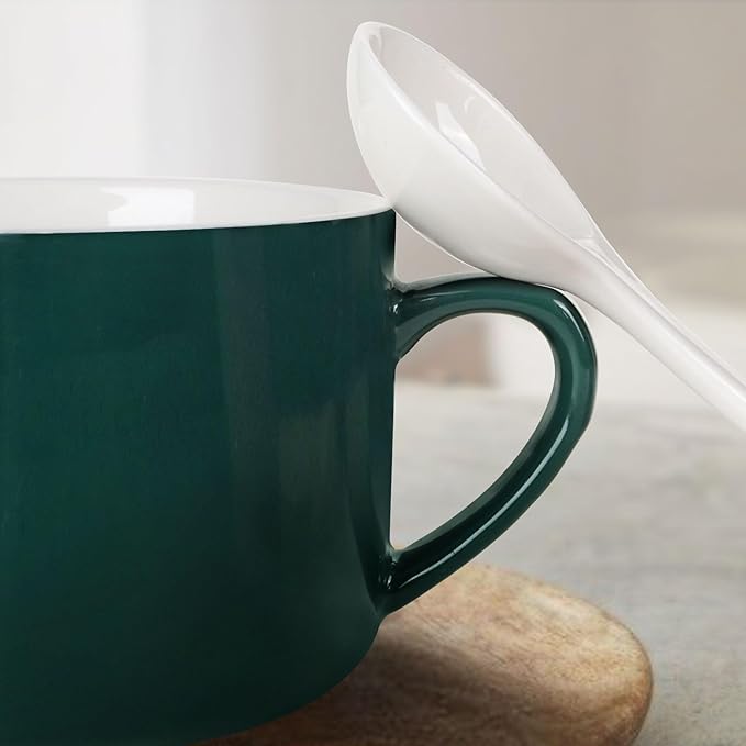 Soup Bowls with Handles & Spoons, 30oz Ceramic Ramen Bowl with Lid, Large Soup Mugs/Cups for Instant Noodle, Big Cereal Bowls for Oatmeal, Soup Containers with Lids, Set of 2, Dark Green