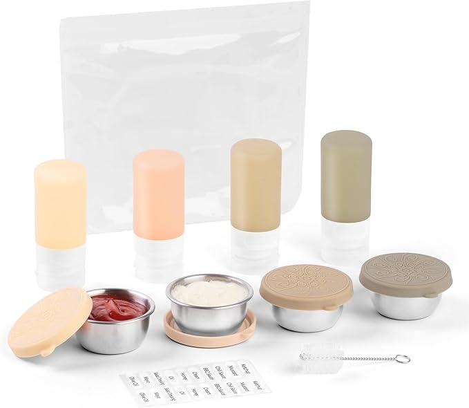 8-Pack Salad Dressing Container To Go, 2-oz Silicone Small Condiment Squeeze Bottles and 1.6 oz Stainless Steel Sauce Containers Cups, Leakproof Condiment Containers with Lids for Lunch Box