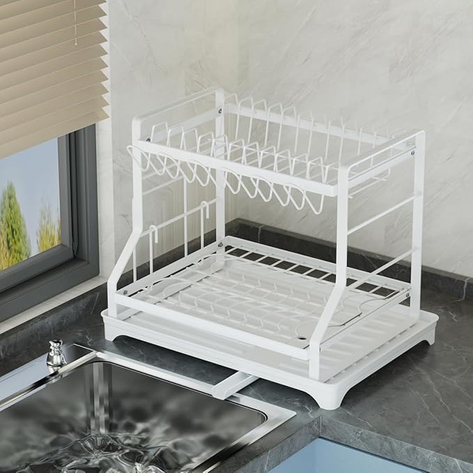 2-Tier Dish Drying Rack, White Metal Large, Space Saving Countertop Mount with Drainboard, Utensil Holder, 16.5x12.7x13.3 Inches