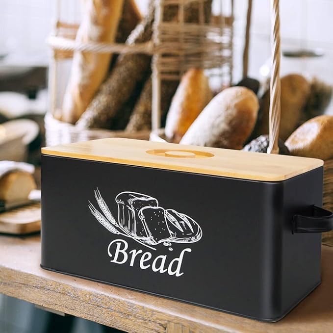 SOTECH Bread Box for Kitchen Countertop Metal BreadBox with Cutting Board Bamboo lid Black Bread Bin Farmhouse Food Storage Container Holder
