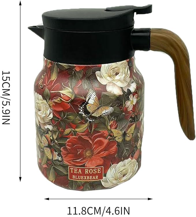 Vintage Floral Pattern Teapot, Doresty Tea Pot, Vintage Floral Pattern Tea-Built-In Infuser, Stainless Steel Thermal Carafe with Lid for Hot Drinks (Red, Wooden handle)