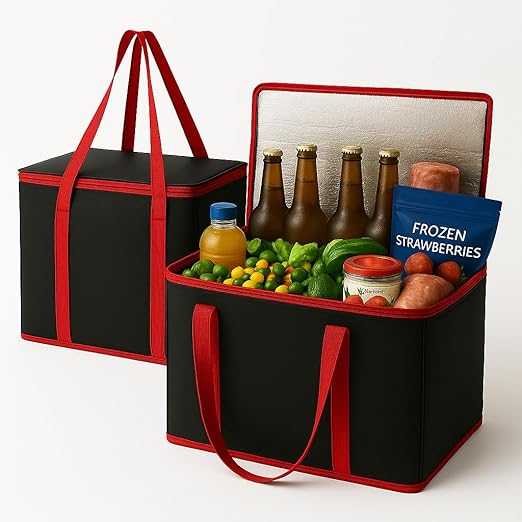 2Pk Trunk Organizer for Car Insulated Reusable Grocery Bags, Collapsible Cooler Bag for Groceries, Heavy Duty Large Insulated Bag (Large, Charcoal Black)