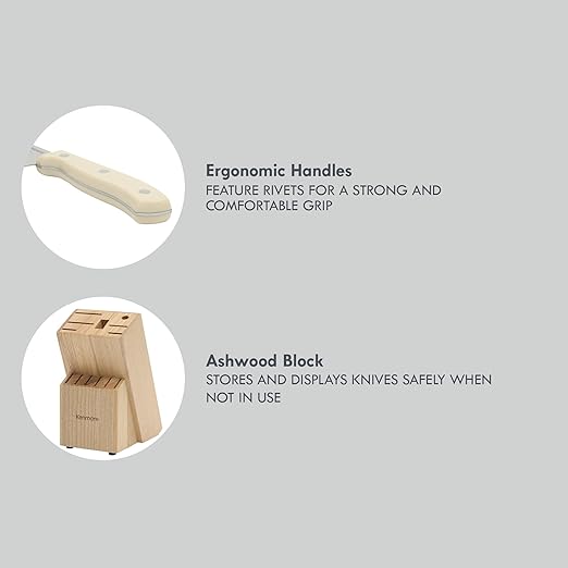 Kenmore Kane 14-Piece Stainless Steel Kitchen Knife Block Set – Triple Rivet ABS Handles, Cream White – Chef, Bread, Utility, Paring, Steak Knives & Kitchen Shears in Wood Storage Block
