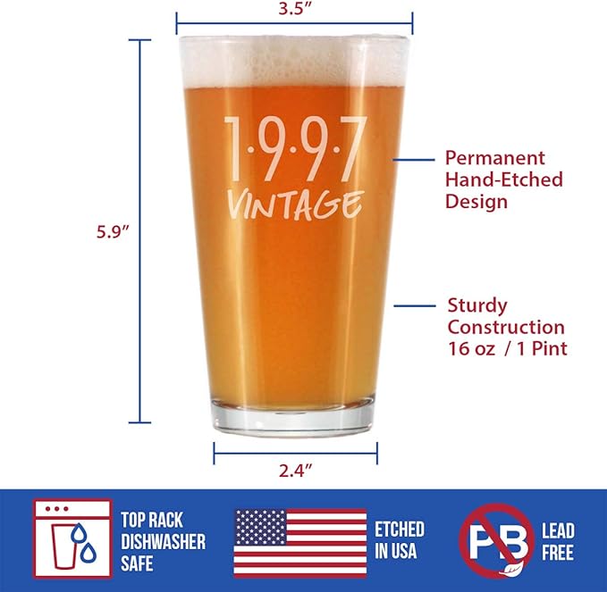 Vintage 1997 Pint Glass for Beer - 28th Birthday Gifts for Men or Women Turning 28 - Fun Bday Party Decor - 16 oz