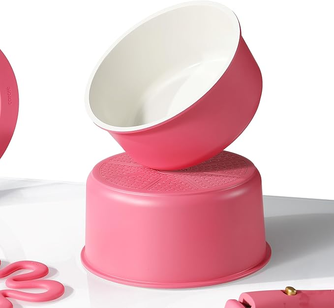 CAROTE Ceramic Sauce Pan Sets with Stand-Up Lid 3QT & 4QT, 10 Piece NonStick Kitchen Cookware Sets with Detachable Handle, Non Toxic Cooking Pot, Oven Safe, Induction Ready, Pink