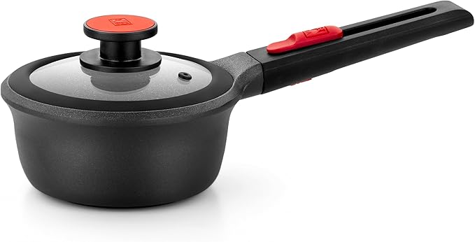 BRA COOKWARE Infinity Nonstick Saucepan with Glass Lid | 6.3 Inch 1.2 Quart Deep Pot | PFAS Free Soup Pot | Deep Pan Ideal for Boiling or Warming on All Cooktops incl. Induction | Removable Handle