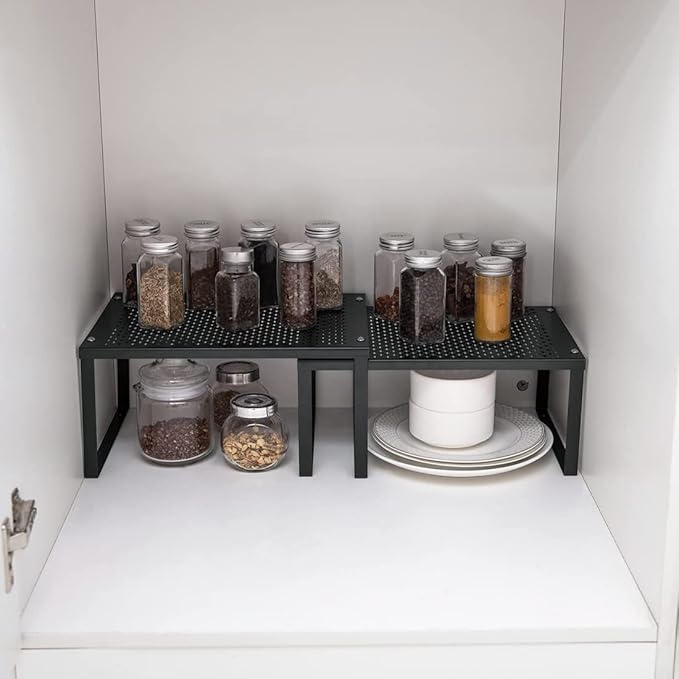 NEX Kitchen Cabinet and Counter Shelf Organizer, Expandable & Stackable, Black