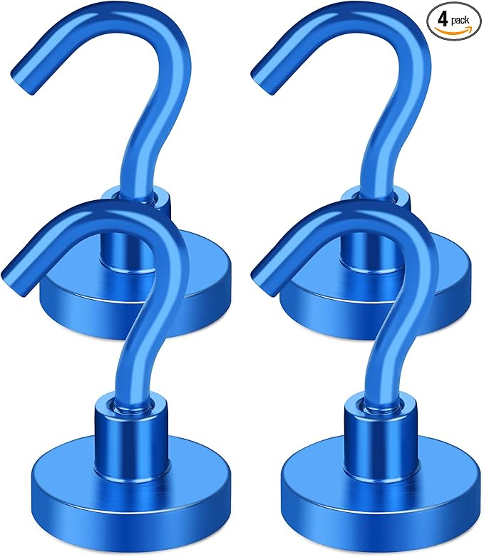 MIKEDE Magnetic Hooks Heavy Duty, 30LB+ Strong Magnets with Hook for Fridge, Neodymium Extra Strength Industrial Hooks for Hanging, Magnetic Hanger for Toolbox, Cruise, Grill(Blue,4 Pack)