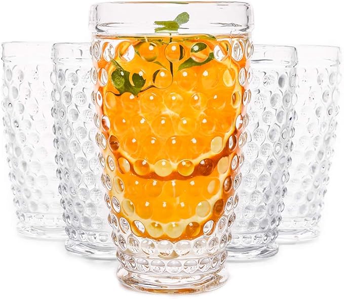 G Hobnail Glassware 6 Set Old Fashioned Iced Beverage Drinking Glasses, 13.3 oz Premium Tall Highball Water Glasses Cups For Juice Cocktail Mojito Wine,Beer, Tea, Mixed Drinkware,Parties Restaurants