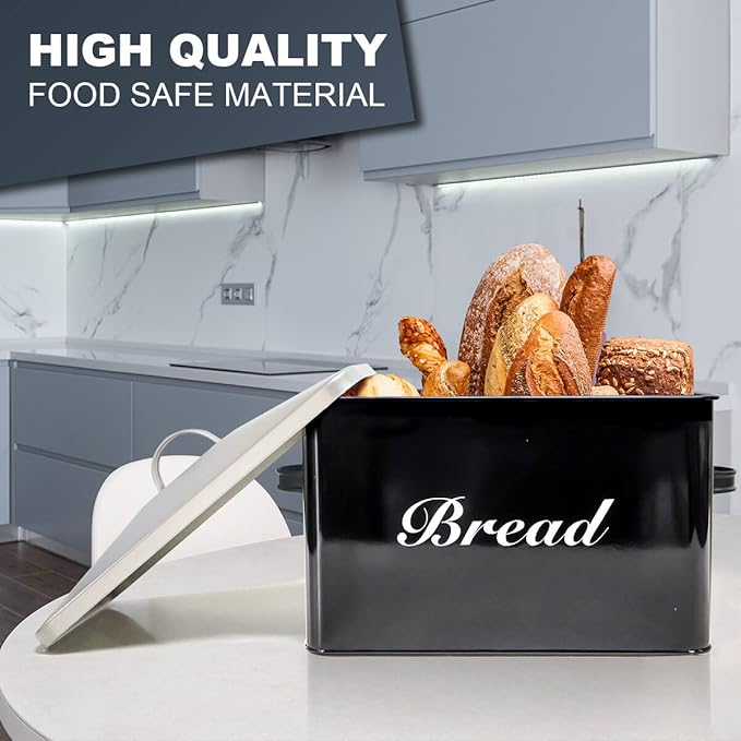 SOTECH Vintage Metal Bread Box Farmhouse Decor Style Pantry Organization and Storage Container,Space Saving Black with Silver Breadbox-Rustic Kitchen Decor