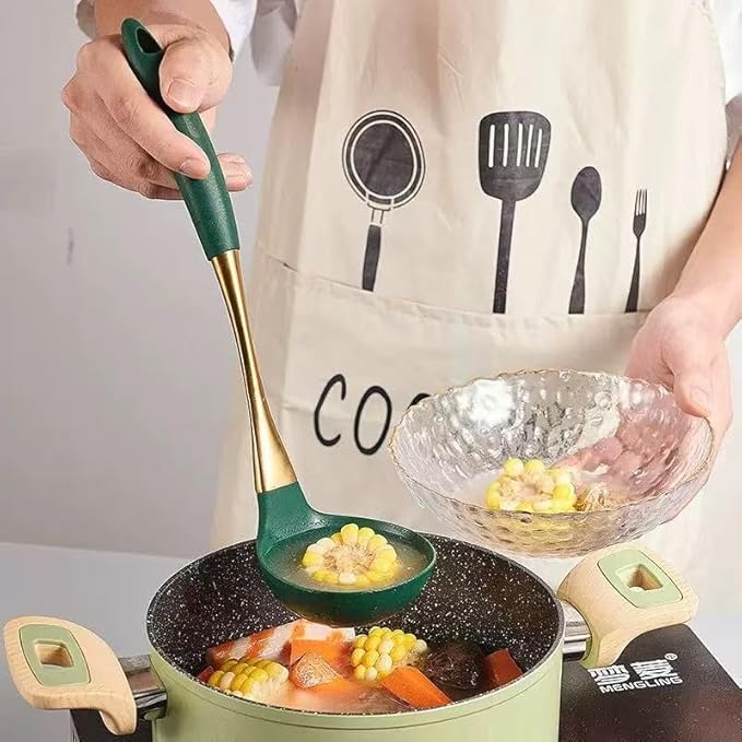 8-Piece White Kitchen Utensil Set with Gold Handles, Stainless Steel Cooking Tools, Includes Spatulas, Ladle, Spoons for Nonstick Cookware (Gold and Green)