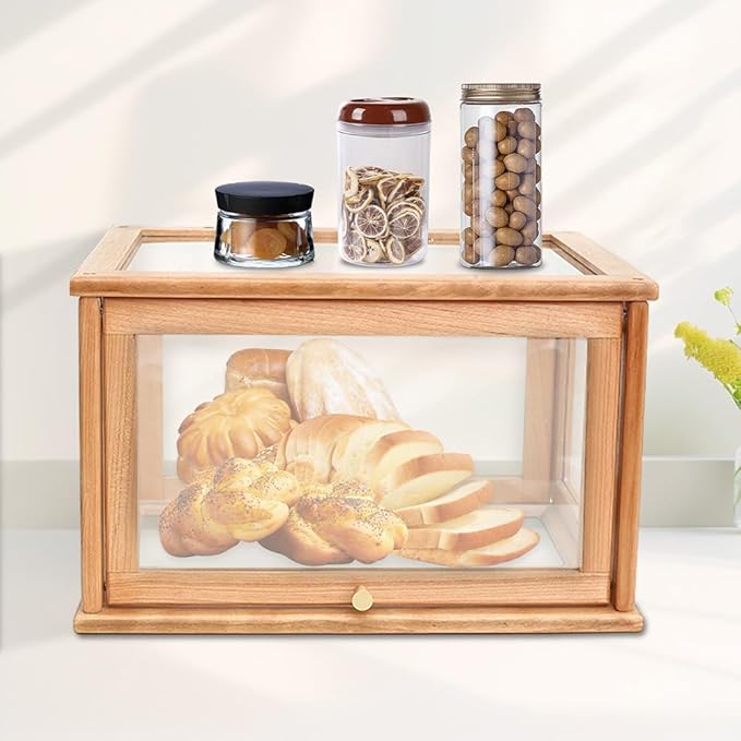 Bamboo Bread Box For Kitchen Countertop, Clear Acrylic Display Case, Bread Bin With Door, Acrylic Storage Containers For Bread, Handbag, Purse, Collectibles, Cosmetic (2)