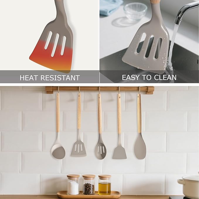 Silicone Cooking Utensil Set,12 PCS Cooking Cookware Kitchen Utensils Set, Nonstick 446°F Heat-Resistant Cookware Kitchen Tools of Spatula,Turner Tongs,Spoon,Brush,Whisk,(khaki)