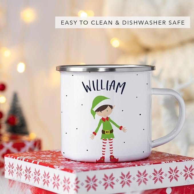 Andaz Press Personalized 11oz. Kids Christmas Hot Chocolate Stainless Steel Campfire Coffee Mug, Green Boy Xmas Elf Standing 1-Pack, Custom Birthday Xmas Cup Kids Mugs For Hot Chocolate Christmas Mugs