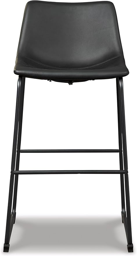 Signature Design by Ashley Centiar Casual Pub Height Bucket Seat Upholstered Bar Stool with Metal Base, Set of 2 , Faux Leather, 30" Seat Height, Black
