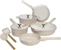 Paris Hilton Ceramic Nonstick Cookware Set, Cast Aluminum with Dual Layer Nonstick Coating, Gold Heart Knobs, Stay-Cool Handles, Made without PFAS, PFOA, PFOS & PTFE, Dishwasher Safe, 10-Piece, Cream