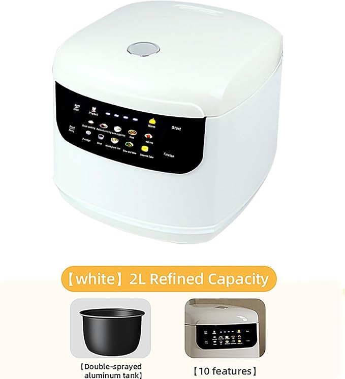 2L Mini Protable Rice Cooker,5 Cups Cooked/3 Cups Uncooked, 400W Non-Stick Rice Maker, 24 hours Timer Delay, 10 Functions, Fast Cooker,White