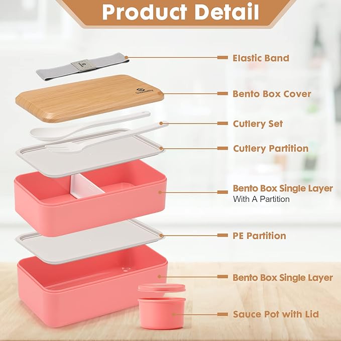Sinnsally Bento Box for Kids and Adults, Stackable Japanese Bento Lunch Box Containers for Teens/Women with Compartments(47oz),Modern Lunch Containers with Utensil Set,Leak-Proof Lunchbox,Rectangle