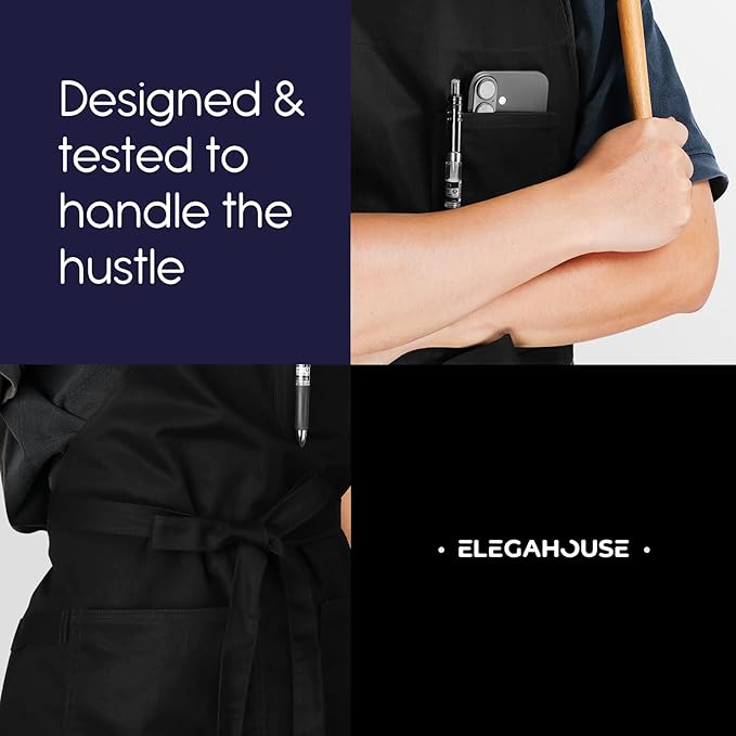 Unisex Apron with Pockets for Cooking, Salon & Art - 100% Cotton Adult Kitchen, Chef, Stylist Apron (Black)