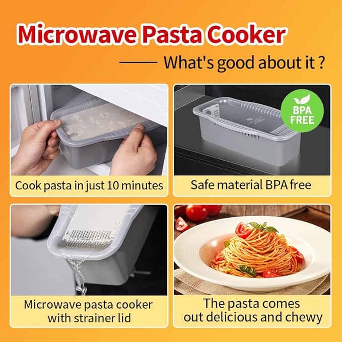 Microwave Pasta Spaghetti Cooker Pot with Strainer Lid,Pasta Cooker in Microwave with Water Level and Spaghetti Portion Measuring Device,Dormitory Office Apartment Kitchen Essentials