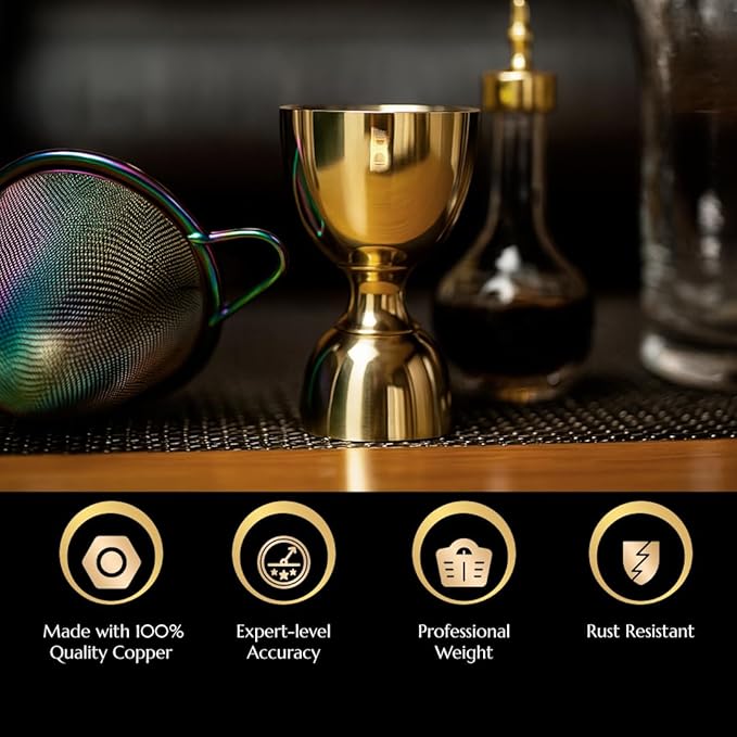 Double Bell Jigger by Bull In China - Premium 100% Copper with 0.25oz to 2oz Measures for Cocktails, Bars & Bartenders