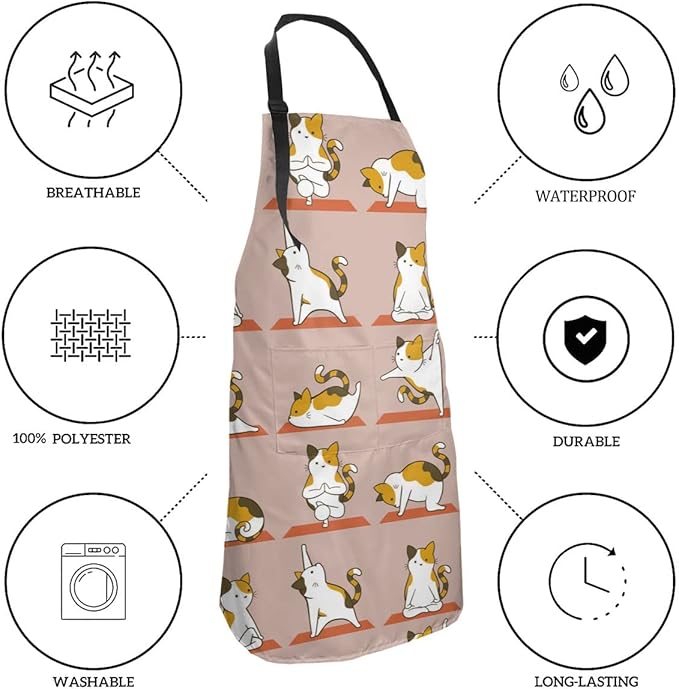 Cat and Dogs Animals Adjustable Bib Neck Chef Aprons, Kitchen Bbq Waterproof Apron with 2 Pockets For Mom Dad