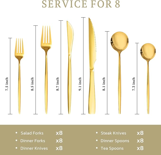 Astercook Silverware Set 48-Piece Gold Flatware Set with Steak Knives Food-Grade Stainless Steel Cutlery Set for 8 Mirror Polished Utensils Set Include Spoons and Forks for Home Kitchen Restaurant