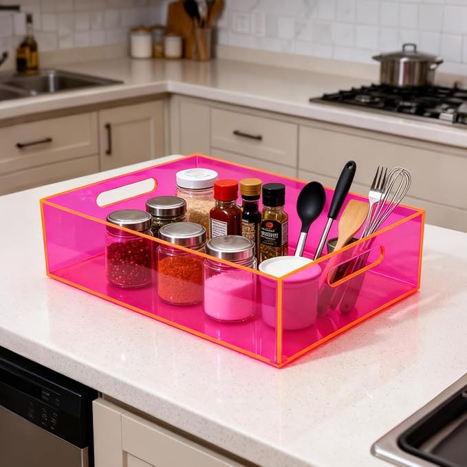 Acrylic Storage Bin Pantry Storage Container with Handles Kitchen Organizer Bin for Cabinet Cupboard Organization, Heavy Duty, 12.6 x 9.4 x 4'', Neon Pink