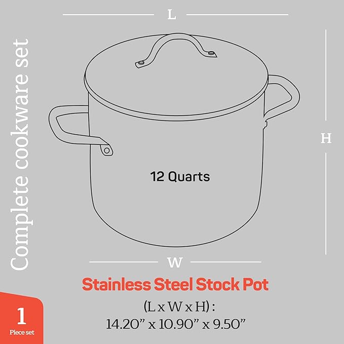 Stainless Steel Stockpot with Tempered Glass Lid 12 Quart, Durable 18/0 Stainless Steel, Impact-Bonded Base for Even Heating, Riveted Handles, Oven & All Stove Compatible, Safe Up To 500°F (260°C)