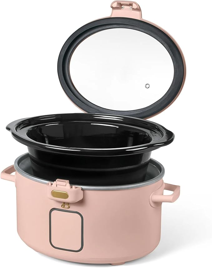 Beautiful 4-Qt Programmable Slow Cooker with Hinged Locking Lid & Touch Display – 3 Heat / 4 Timer Settings (Rose)