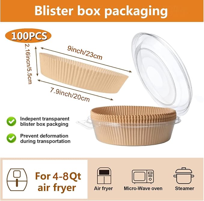 Air Fryer Liner Round,100PCS 7.9 inch to 9 inch Baking Parchment for 5 to 8Qt Air Fryer Disposable Paper Liners,Unbleached Non-stick Non-leak Airfryer Parchment Paper liner