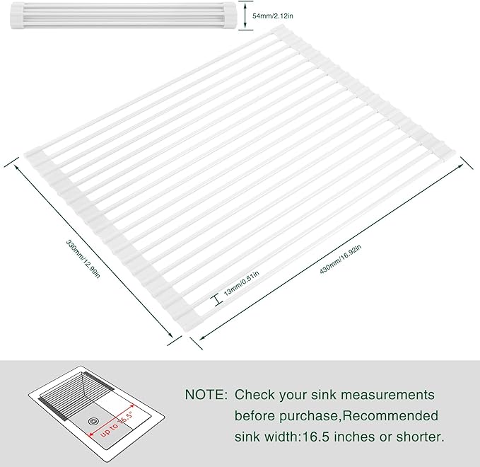Roll Up Dish Drying Rack - Over The Sink, Multipurpose Foldable Sink Drying Mat, Heat-Resistant, Anti-Slip & Anti-Rust, 17" x 13", White