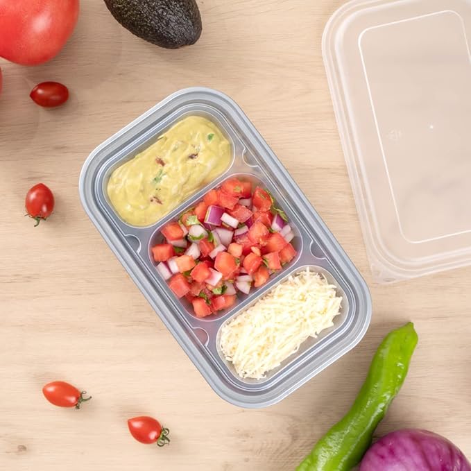 Restaurantware TRAYS ONLY: Futura 15.2 Ounce Trays For Containers, 100 Microwavable Trays For 24, 34, & 44 Ounce Containers - Containers Sold Separately, 3 Compartments, Clear Plastic Food Trays