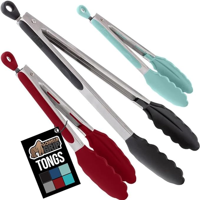 GORILLA GRIP Stainless Steel Heat Resistant Kitchen Tongs for Cooking, 7 + 9 + 12 Inch Set of 3 BBQ Tong, Non Scratch Silicone Tip for Pans, Strong Grip, Grab Food, Pull Lock, Black Mint Red