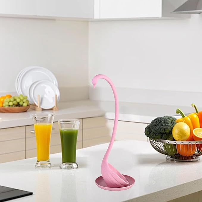 Swan Shaped Soup Ladle, Practical PP Material Long Handle Soup Spoon with Tray Lightweight Large Capacity Swan Shaped Soup Ladle for Home Kitchen (Pink)