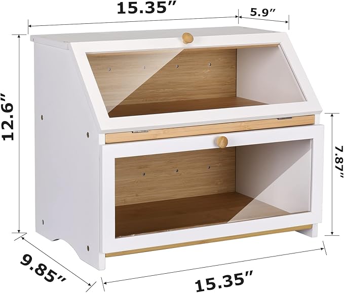 HOMEKOKO Double Layer Large Bread Box for Kitchen Counter, Wooden Large Capacity Bread Storage Bin (White)